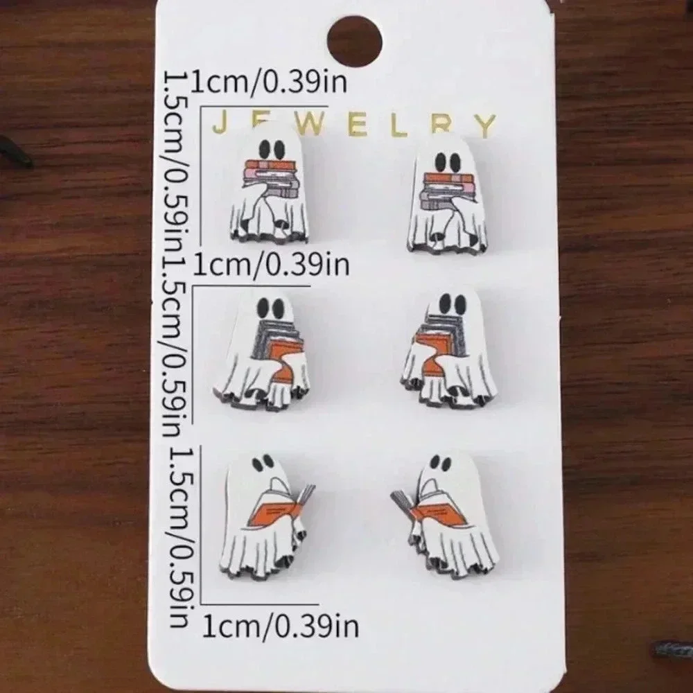 3 pair ladies fun Halloween red and white ghosts reading books stud earrings